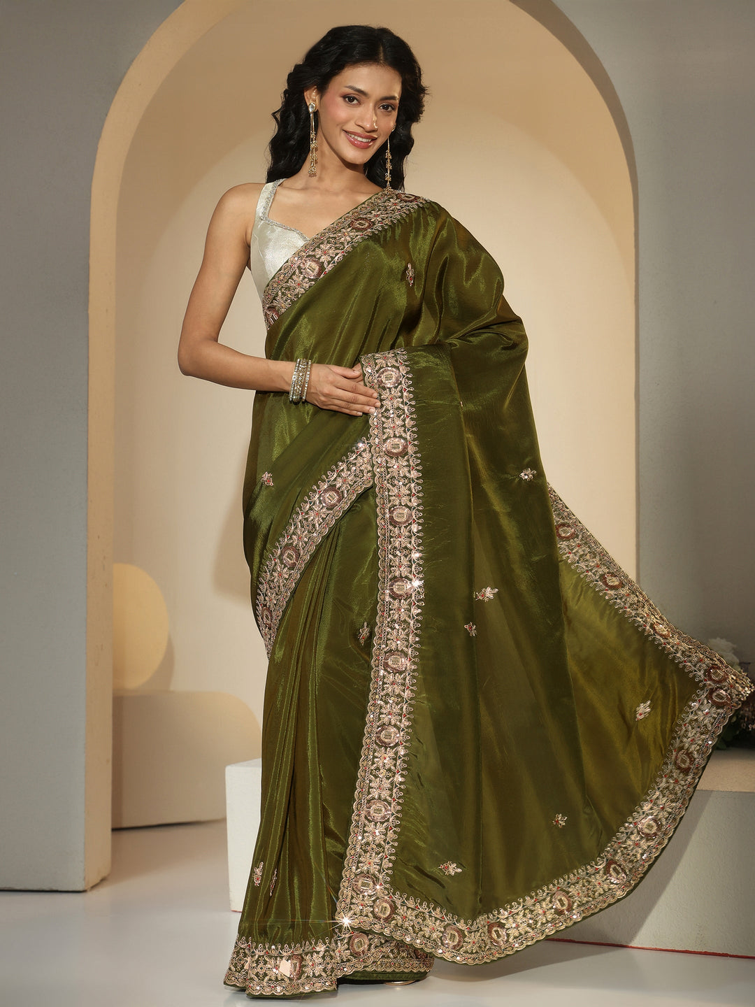 Libas Olive Green Embroidered Silk Blend Saree