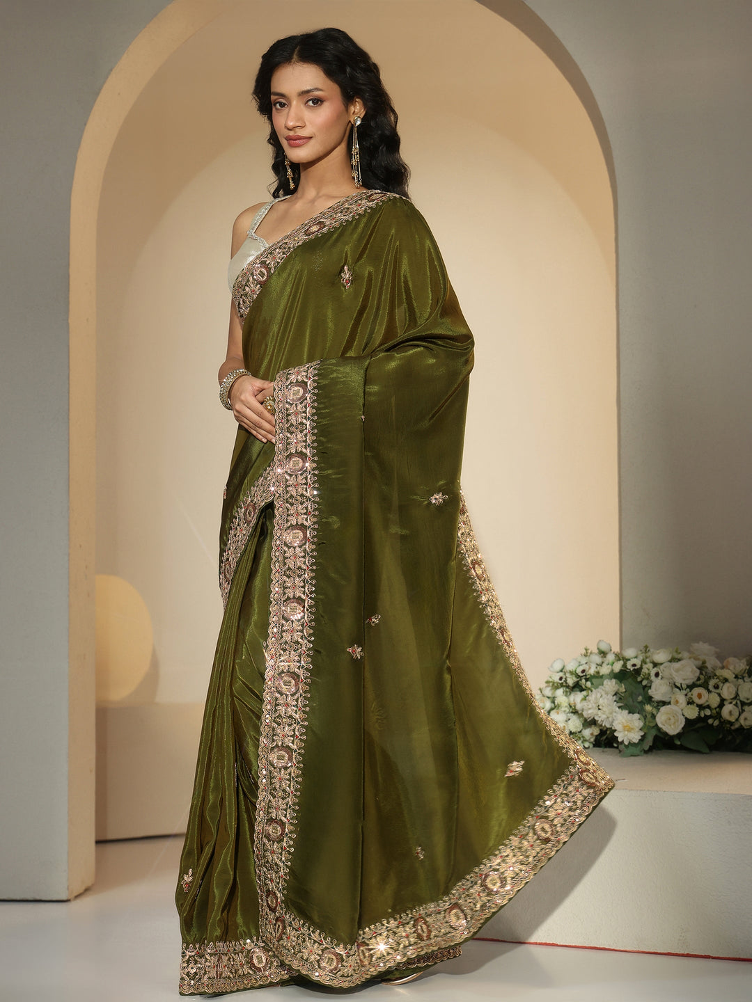 Libas Olive Green Embroidered Silk Blend Saree