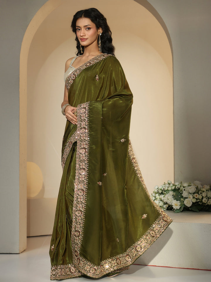 Libas Olive Green Embroidered Silk Blend Saree