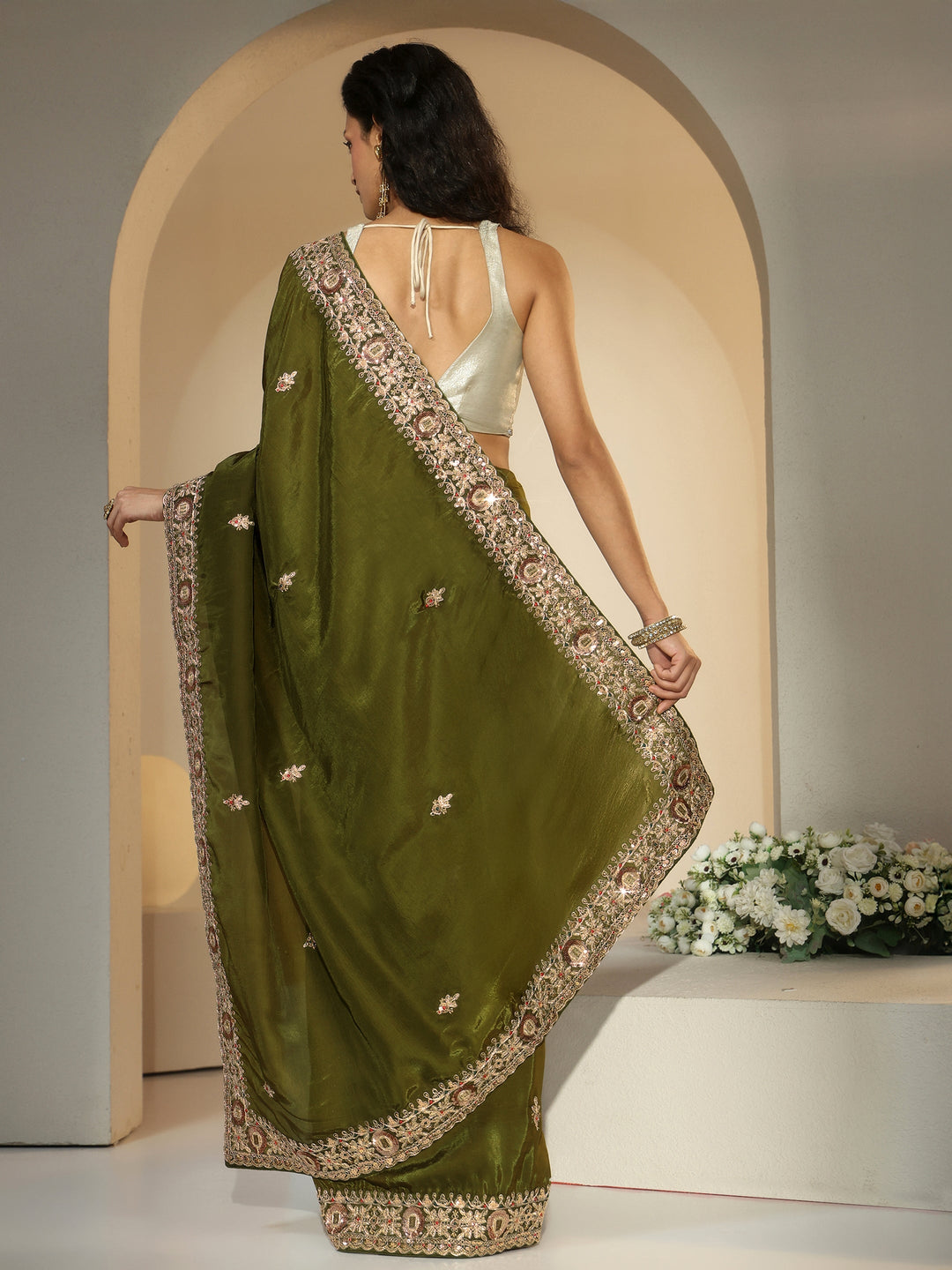 Libas Olive Green Embroidered Silk Blend Saree