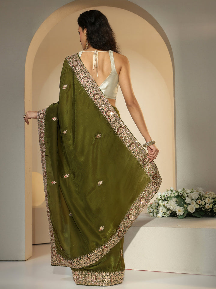 Libas Olive Green Embroidered Silk Blend Saree
