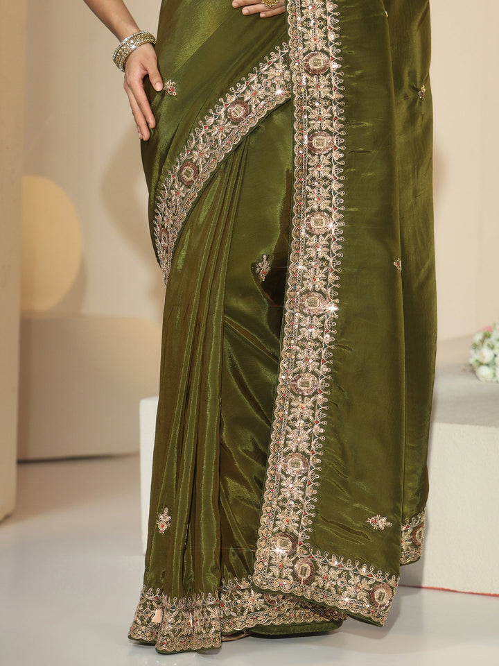 Libas Olive Green Embroidered Silk Blend Saree