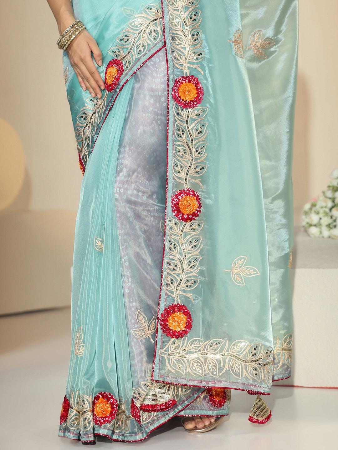Libas Powder Blue Floral Embellished Tissue Saree