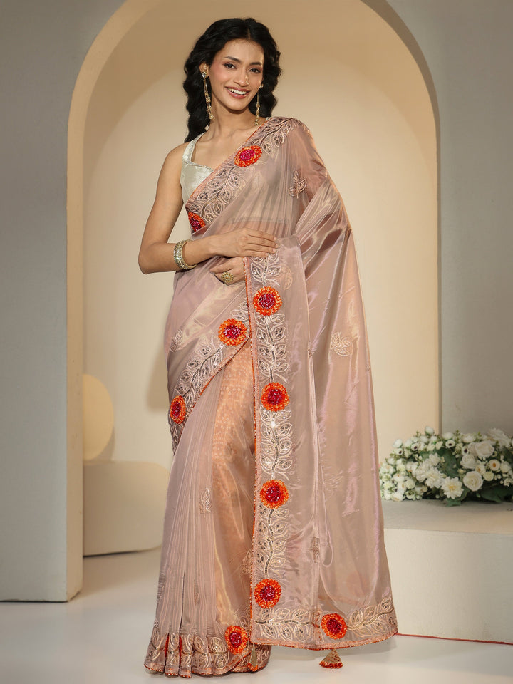Libas Beige Floral Embellished Tissue Saree