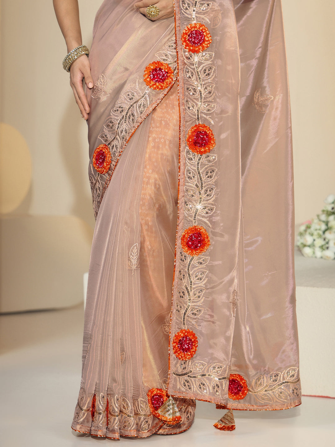 Libas Beige Floral Embellished Tissue Saree