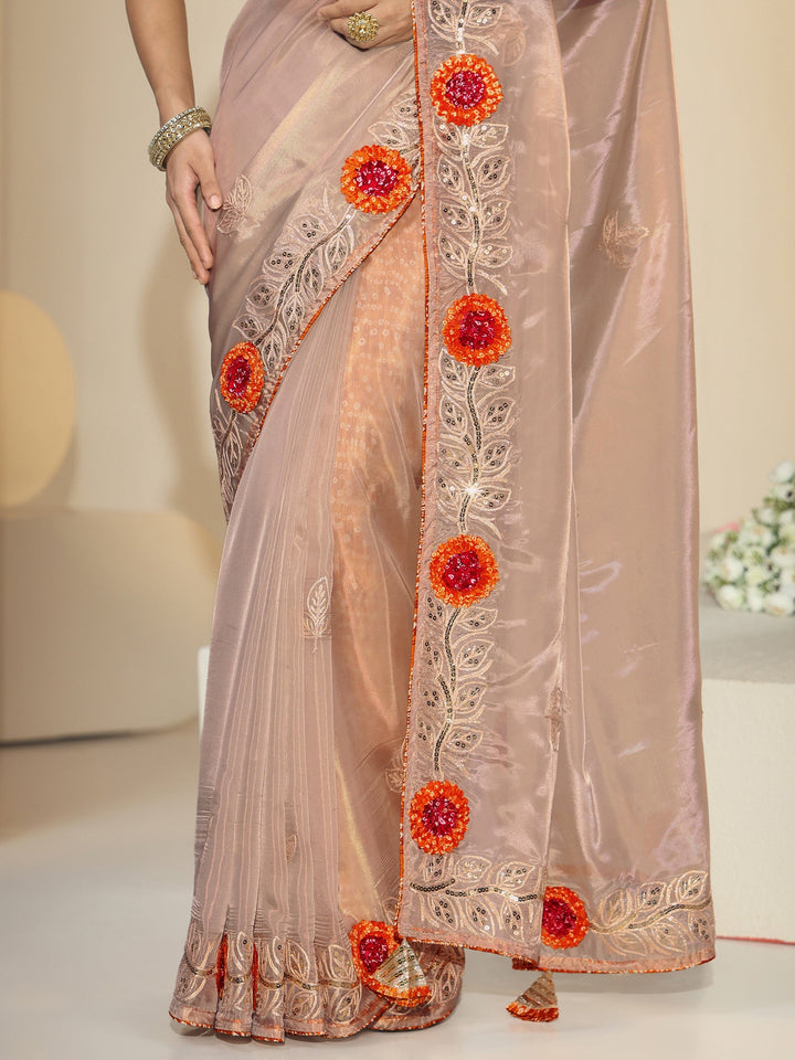 Libas Beige Floral Embellished Tissue Saree