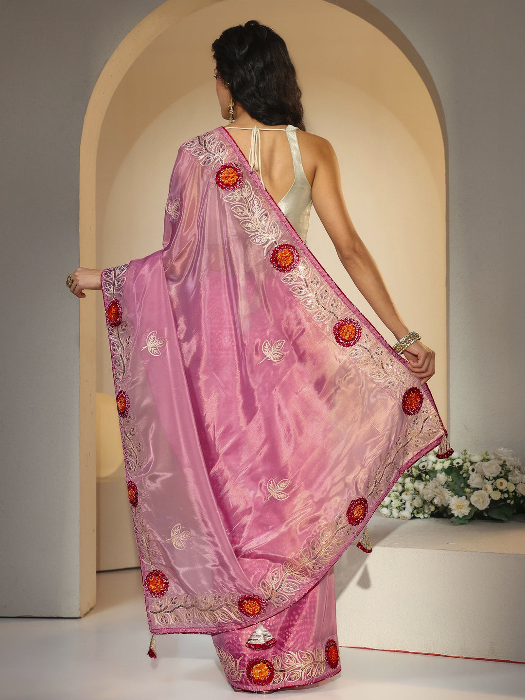 Libas Dusty Rose Pink Floral Embellished Tissue Saree