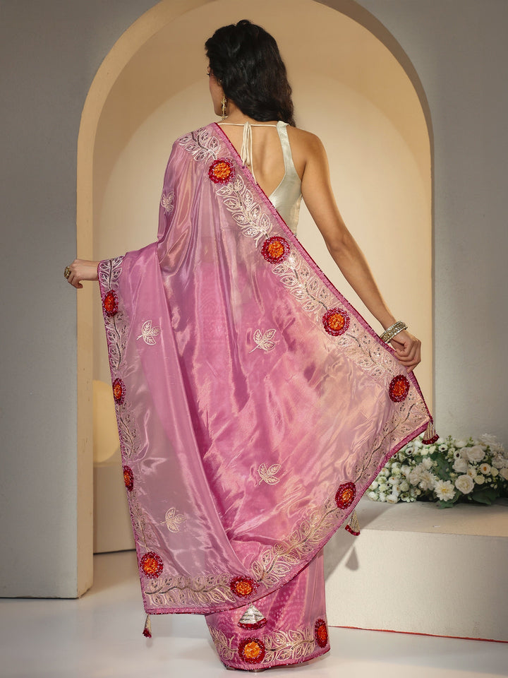 Libas Dusty Rose Pink Floral Embellished Tissue Saree