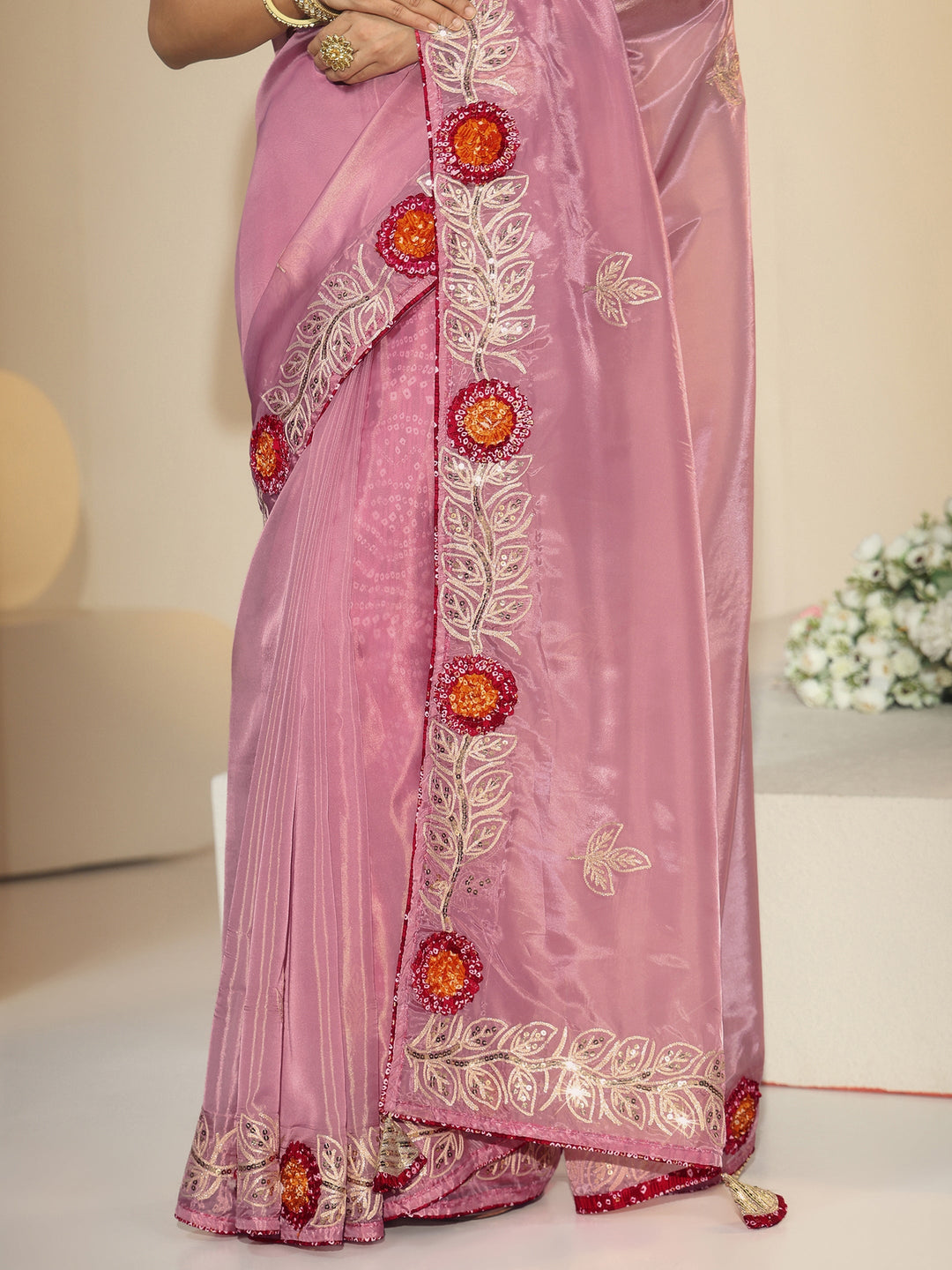 Libas Dusty Rose Pink Floral Embellished Tissue Saree