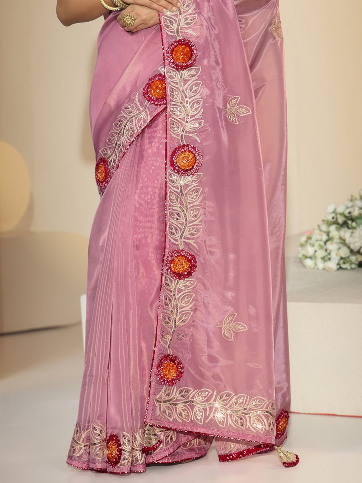 Libas Dusty Rose Pink Floral Embellished Tissue Saree