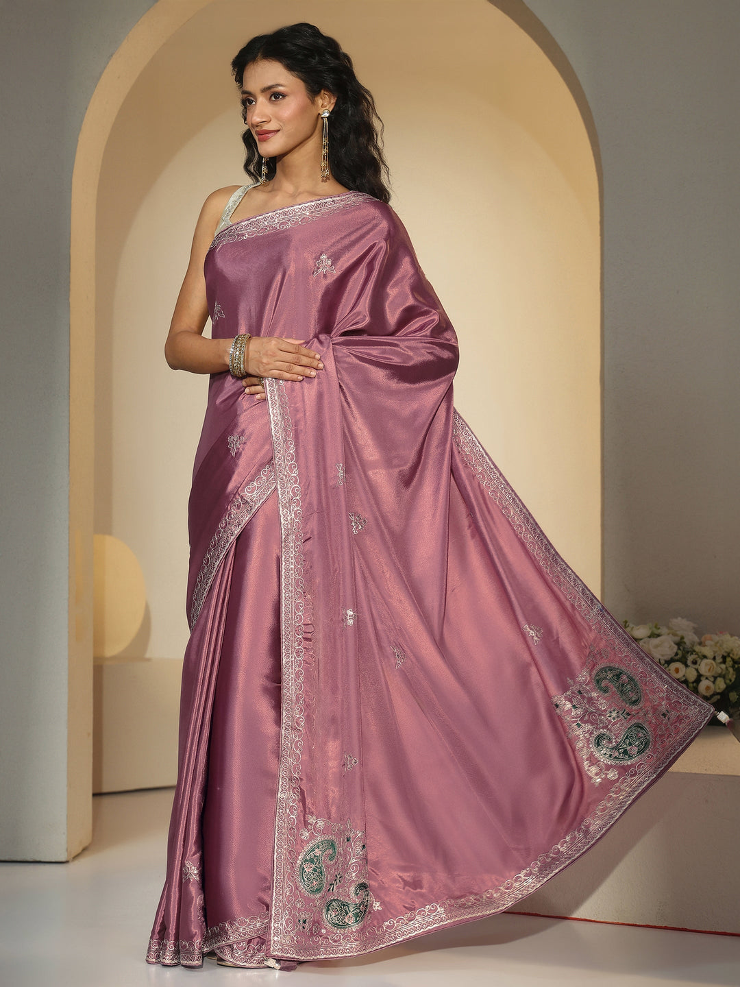 Libas Dusty Rose Pink Embroidered Silk Blend Saree