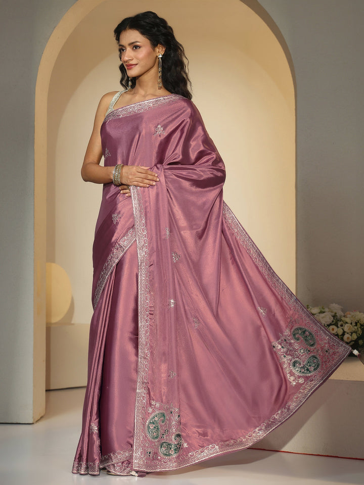 Libas Dusty Rose Pink Embroidered Silk Blend Saree