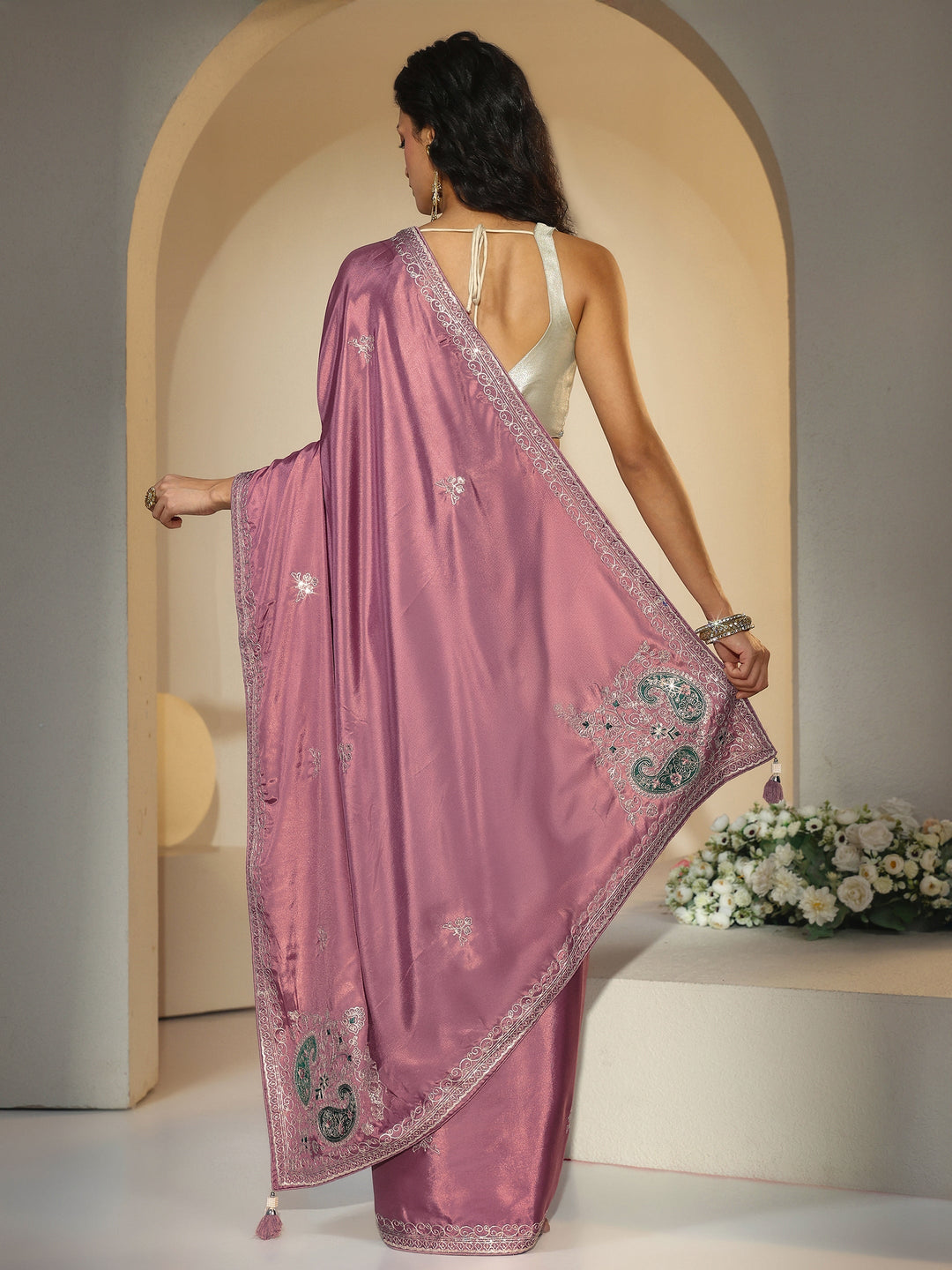 Libas Dusty Rose Pink Embroidered Silk Blend Saree