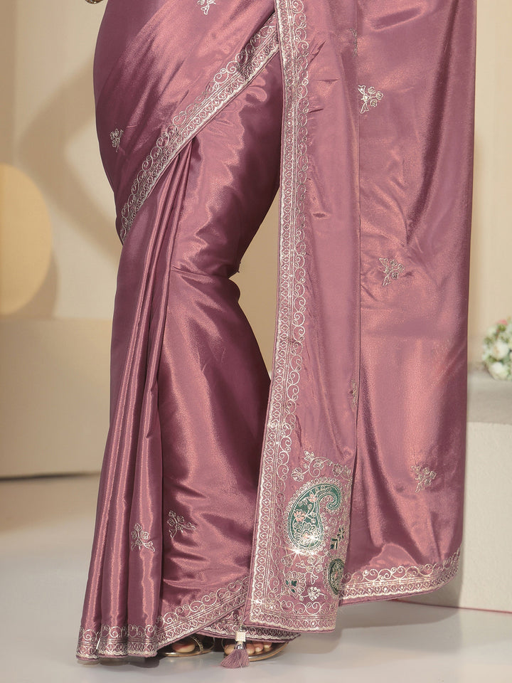 Libas Dusty Rose Pink Embroidered Silk Blend Saree
