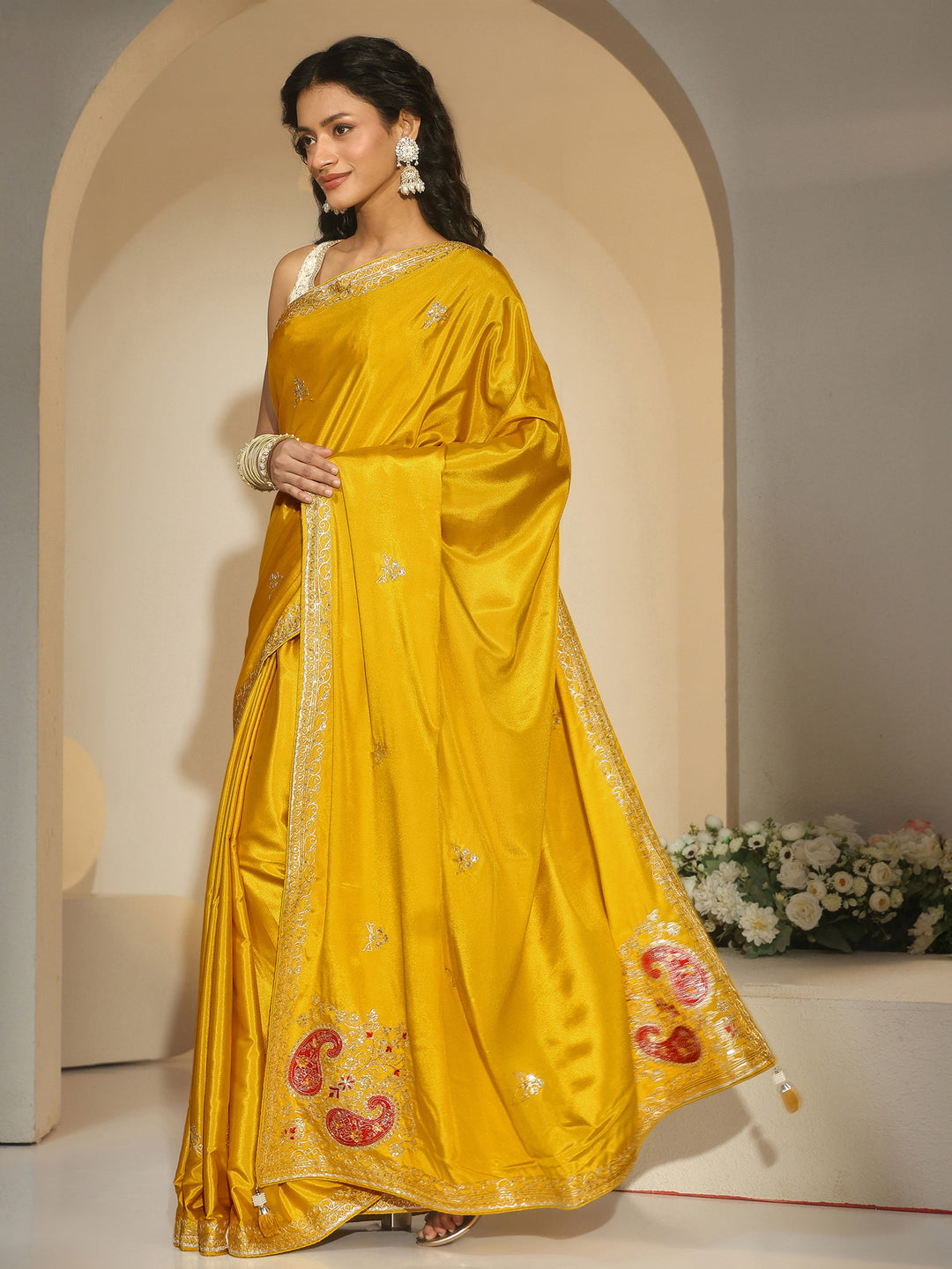 Libas Mustard Embroidered Silk Blend Saree