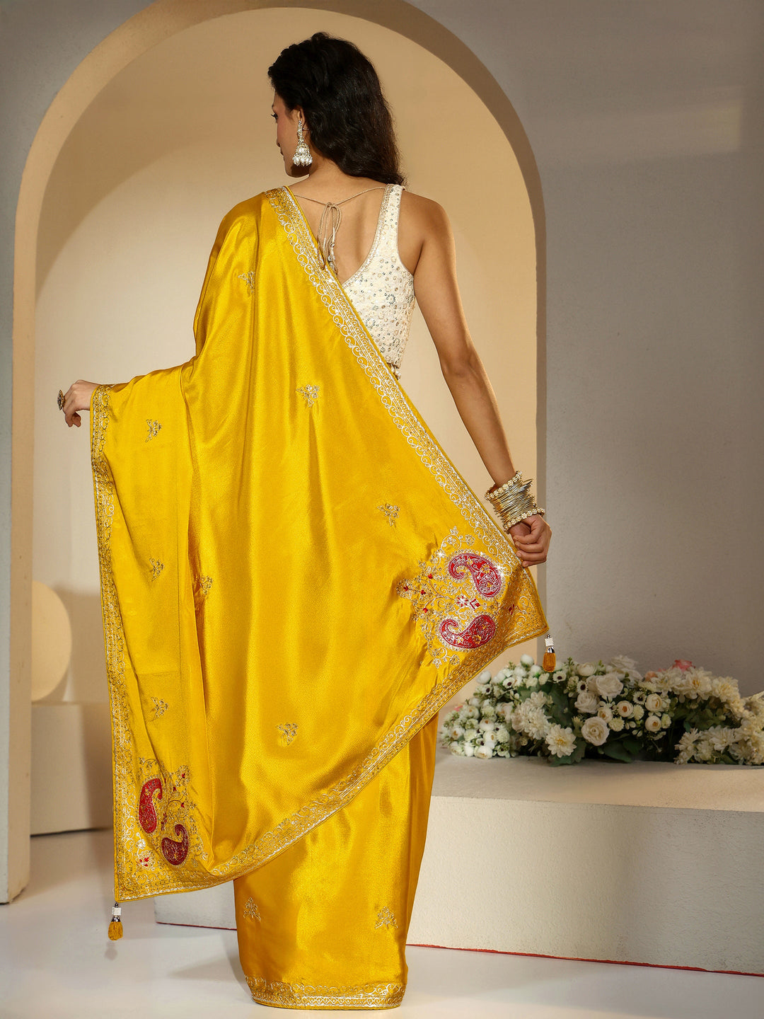 Libas Mustard Embroidered Silk Blend Saree