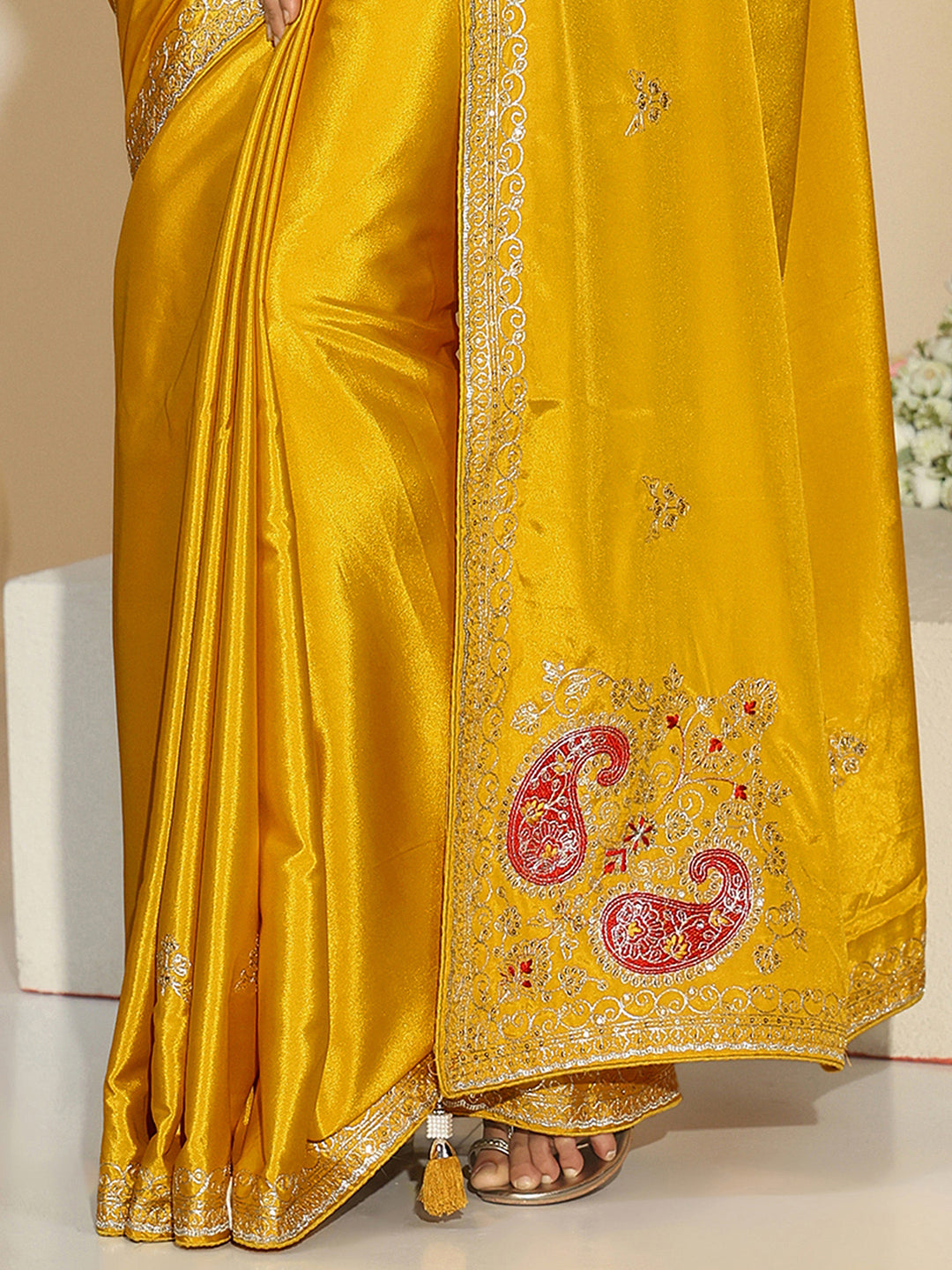 Libas Mustard Embroidered Silk Blend Saree