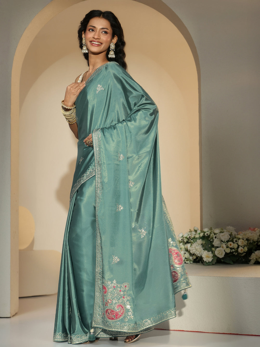 Libas Aqua Green Embroidered Silk Blend Saree
