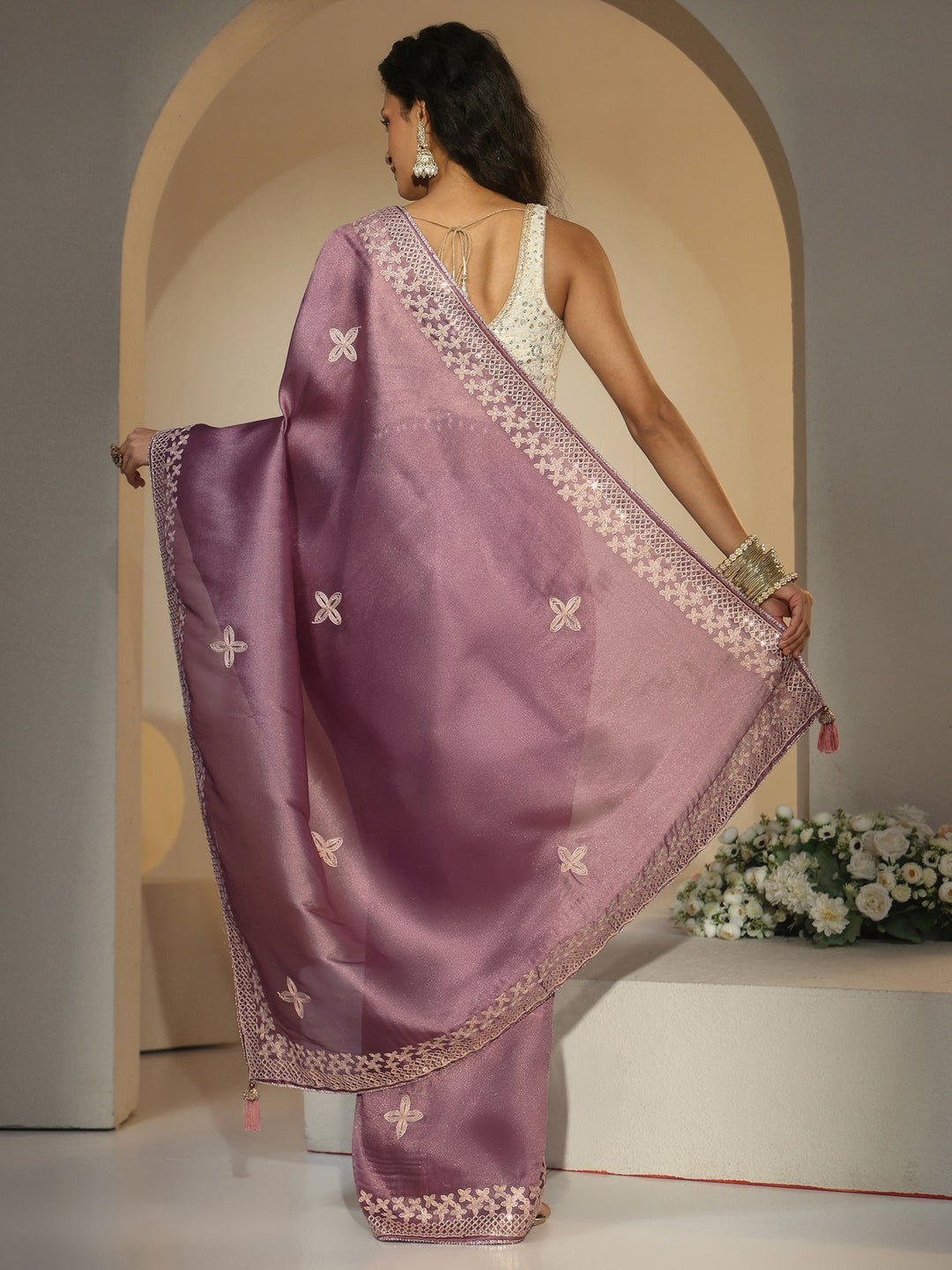 Libas Mauve Mirror Work Embellished Tissue Saree
