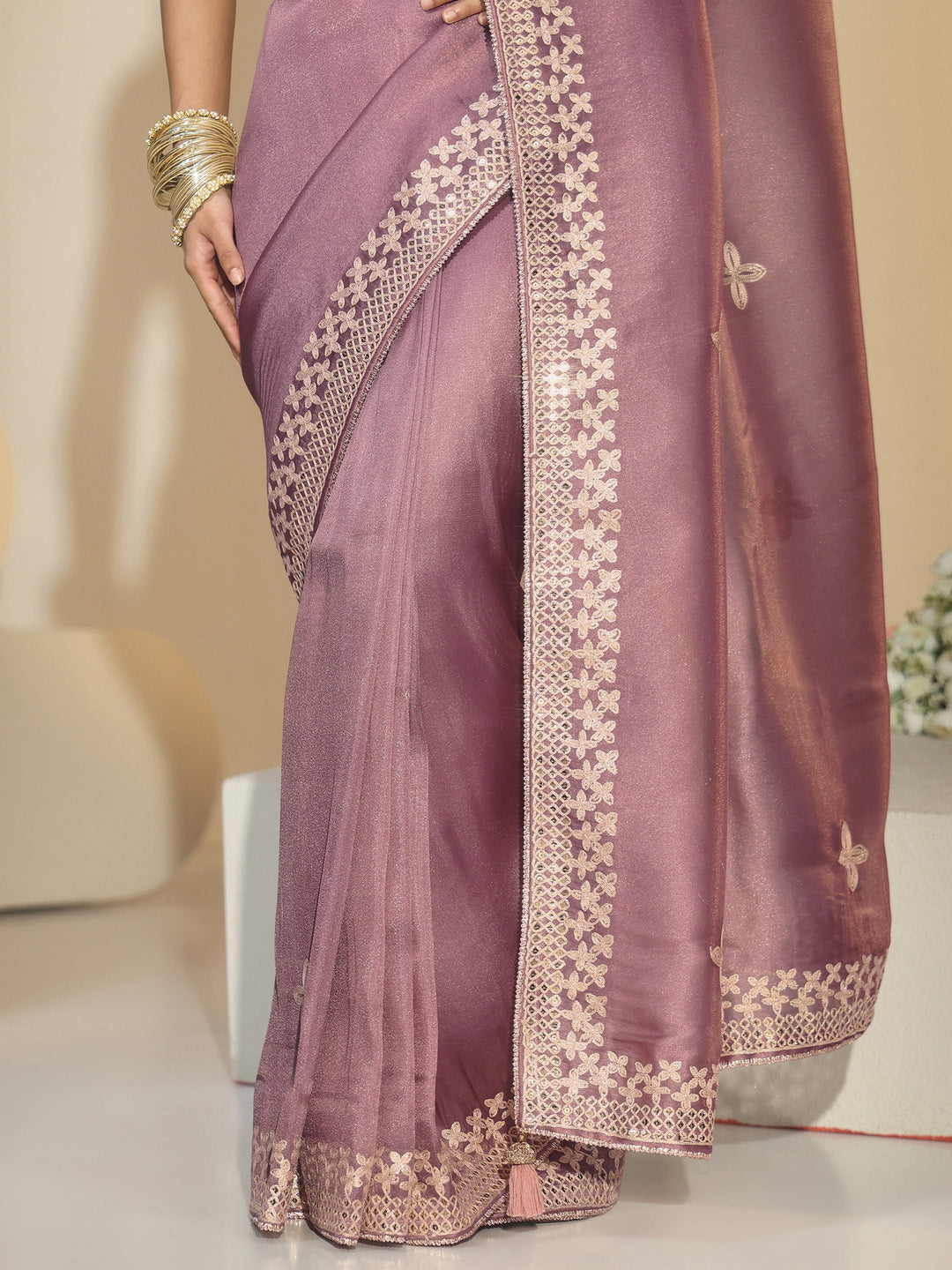 Libas Mauve Mirror Work Embellished Tissue Saree