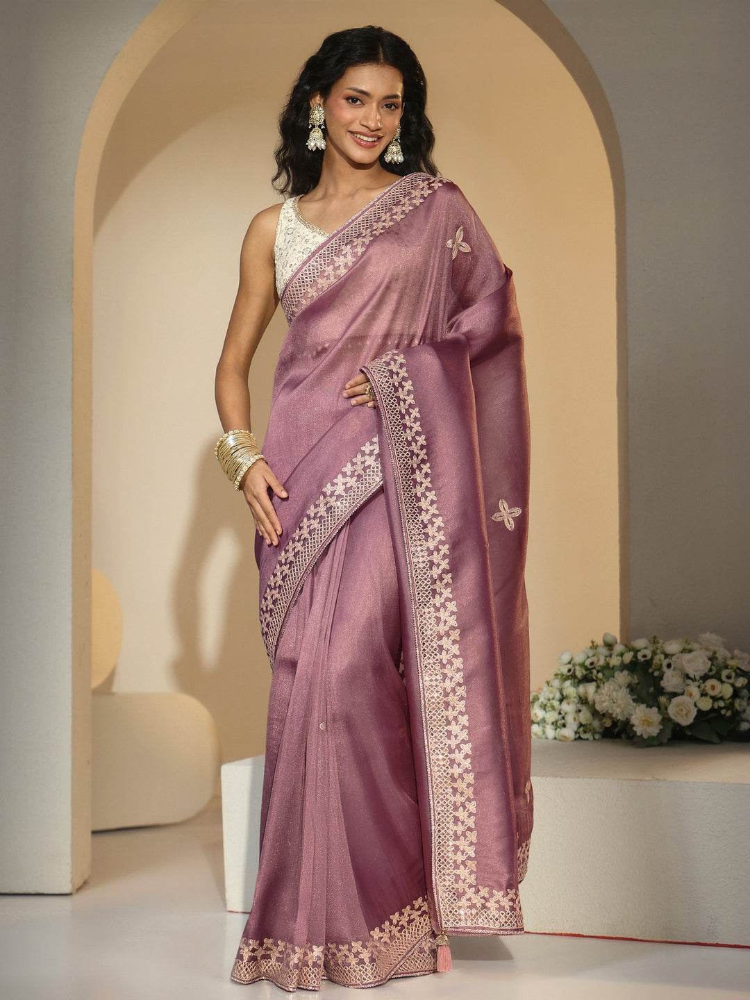 Libas Mauve Mirror Work Embellished Tissue Saree