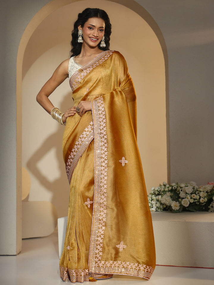 Libas Mustard Mirror Work Embellished Tissue Saree
