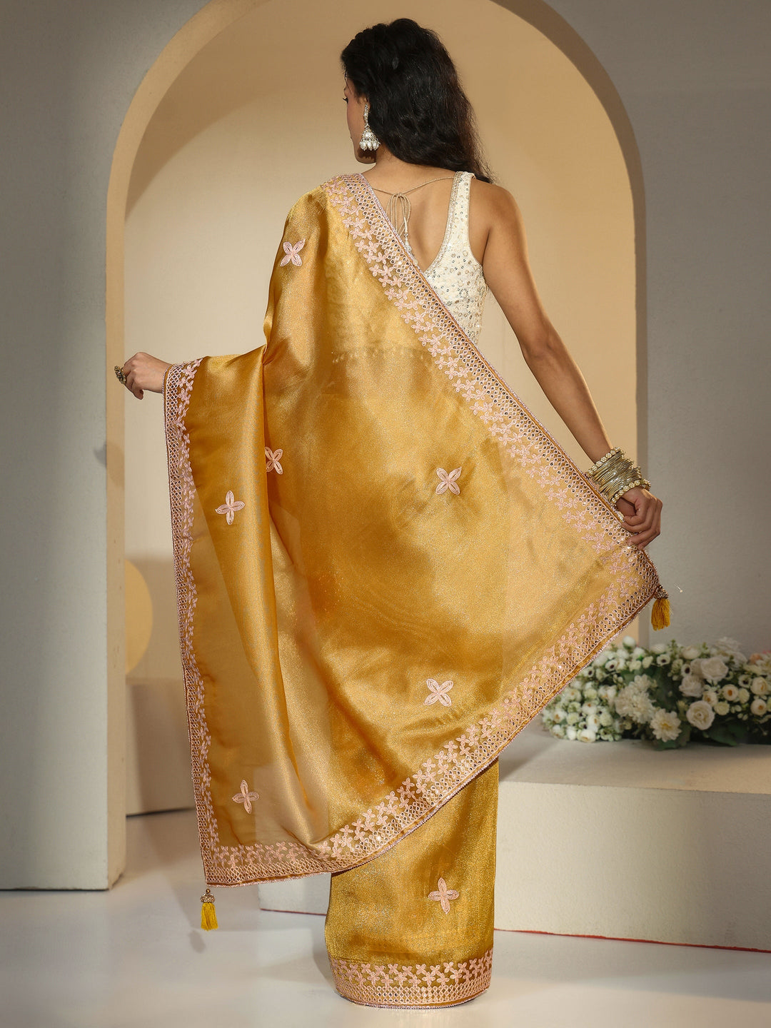 Libas Mustard Mirror Work Embellished Tissue Saree