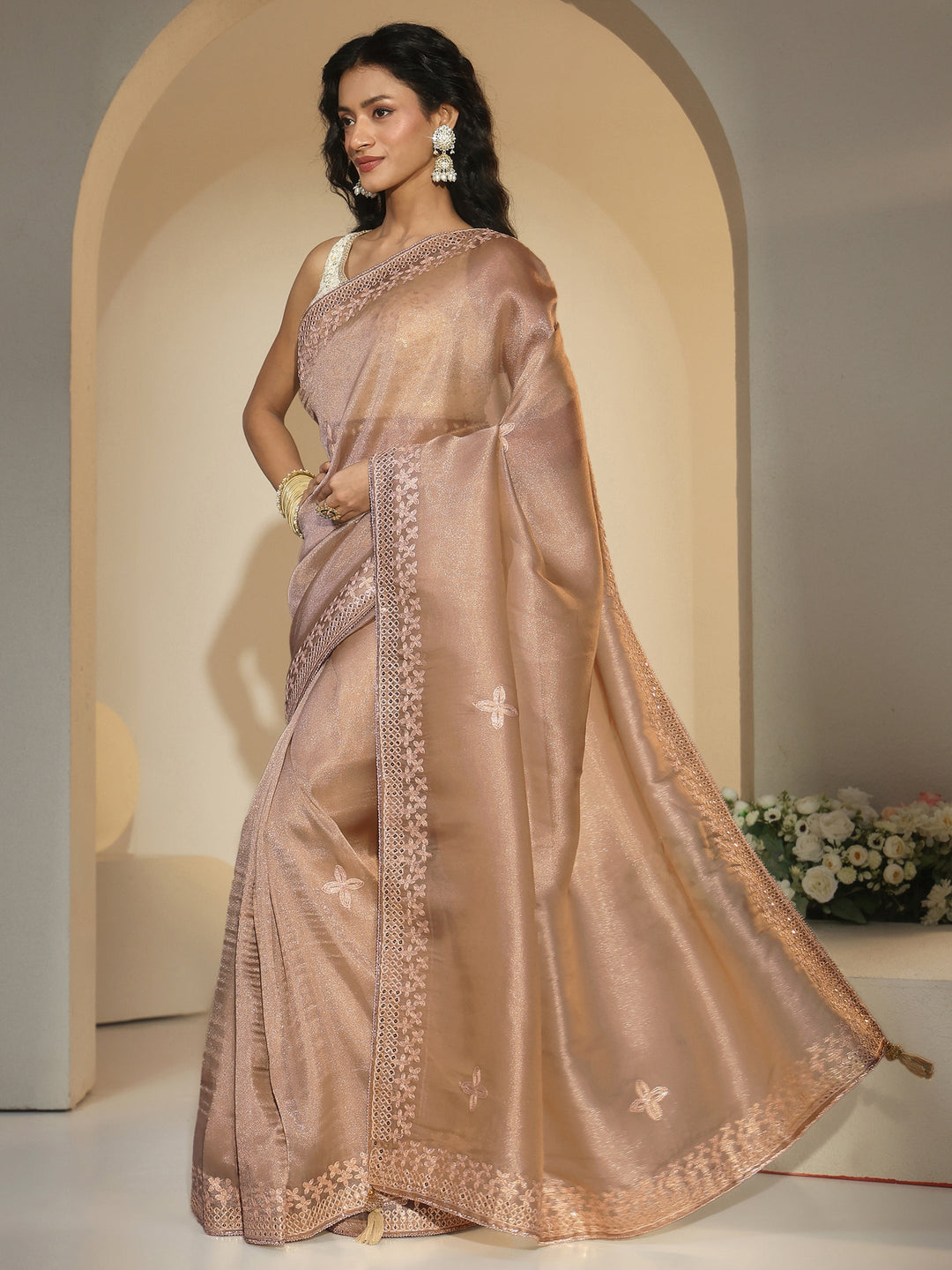 Libas Golden Mirror Work Embellished Tissue Saree