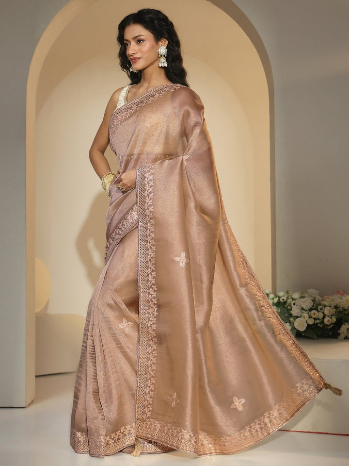 Libas Golden Mirror Work Embellished Tissue Saree