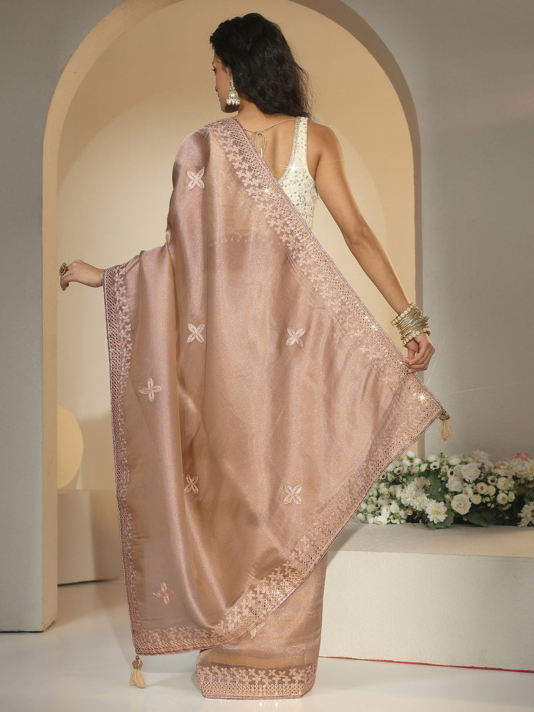 Libas Golden Mirror Work Embellished Tissue Saree