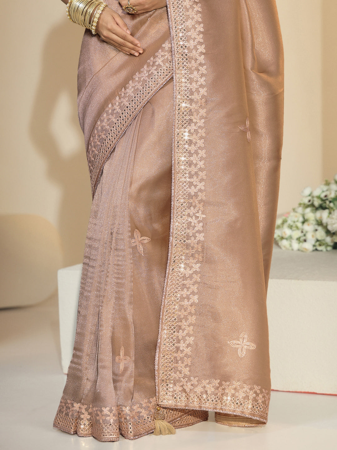 Libas Golden Mirror Work Embellished Tissue Saree