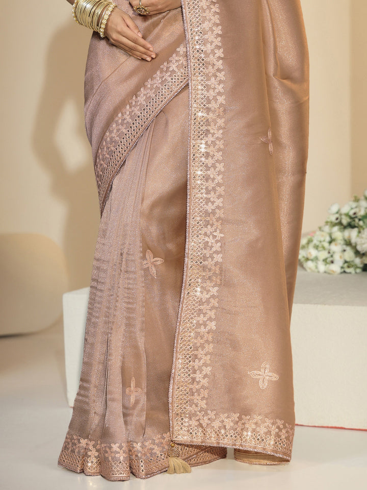 Libas Golden Mirror Work Embellished Tissue Saree