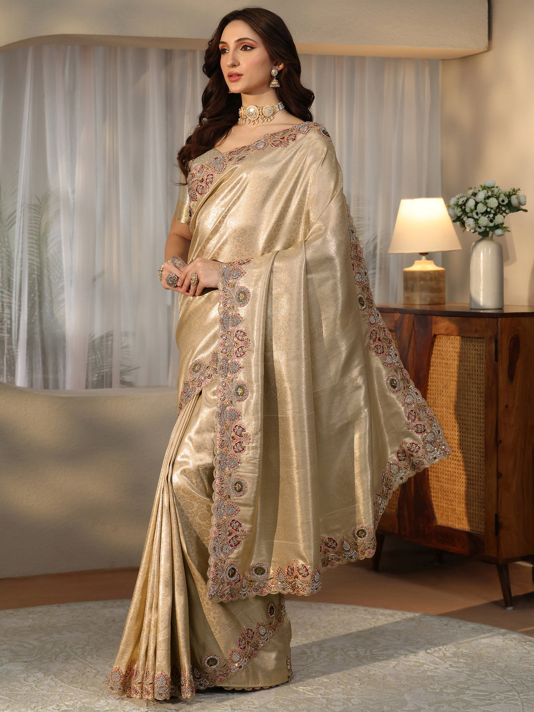 Libas Art Gold Silk Blend Saree with Floral Border