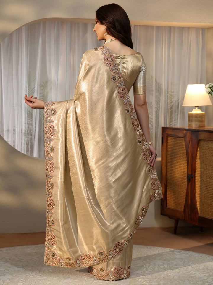 Libas Art Gold Silk Blend Saree with Floral Border