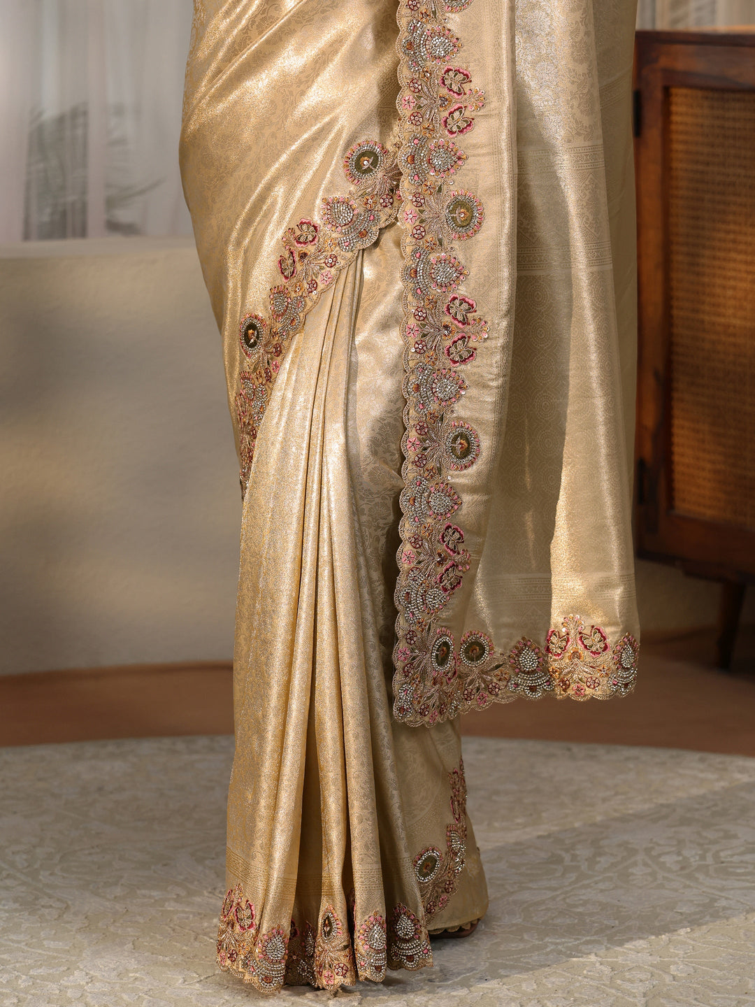 Libas Art Gold Silk Blend Saree with Floral Border