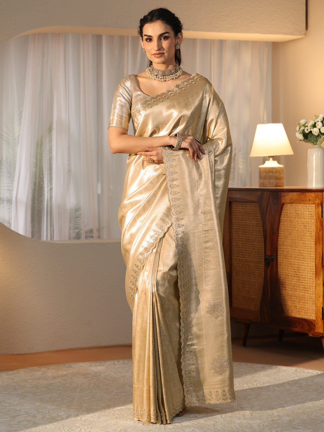 Libas Art Gold Silk Blend Saree with Embellished Border