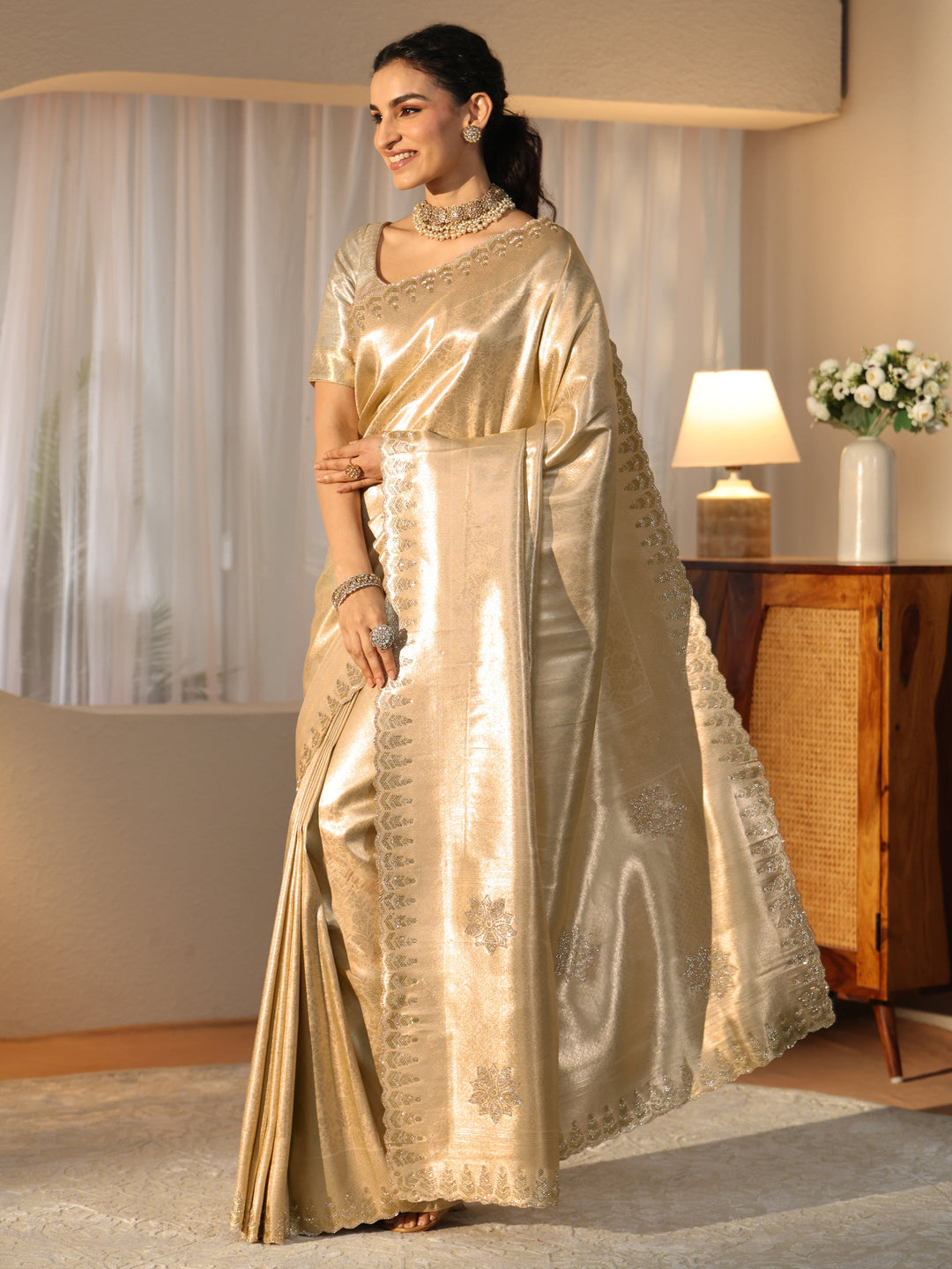 Libas Art Gold Silk Blend Saree with Embellished Border