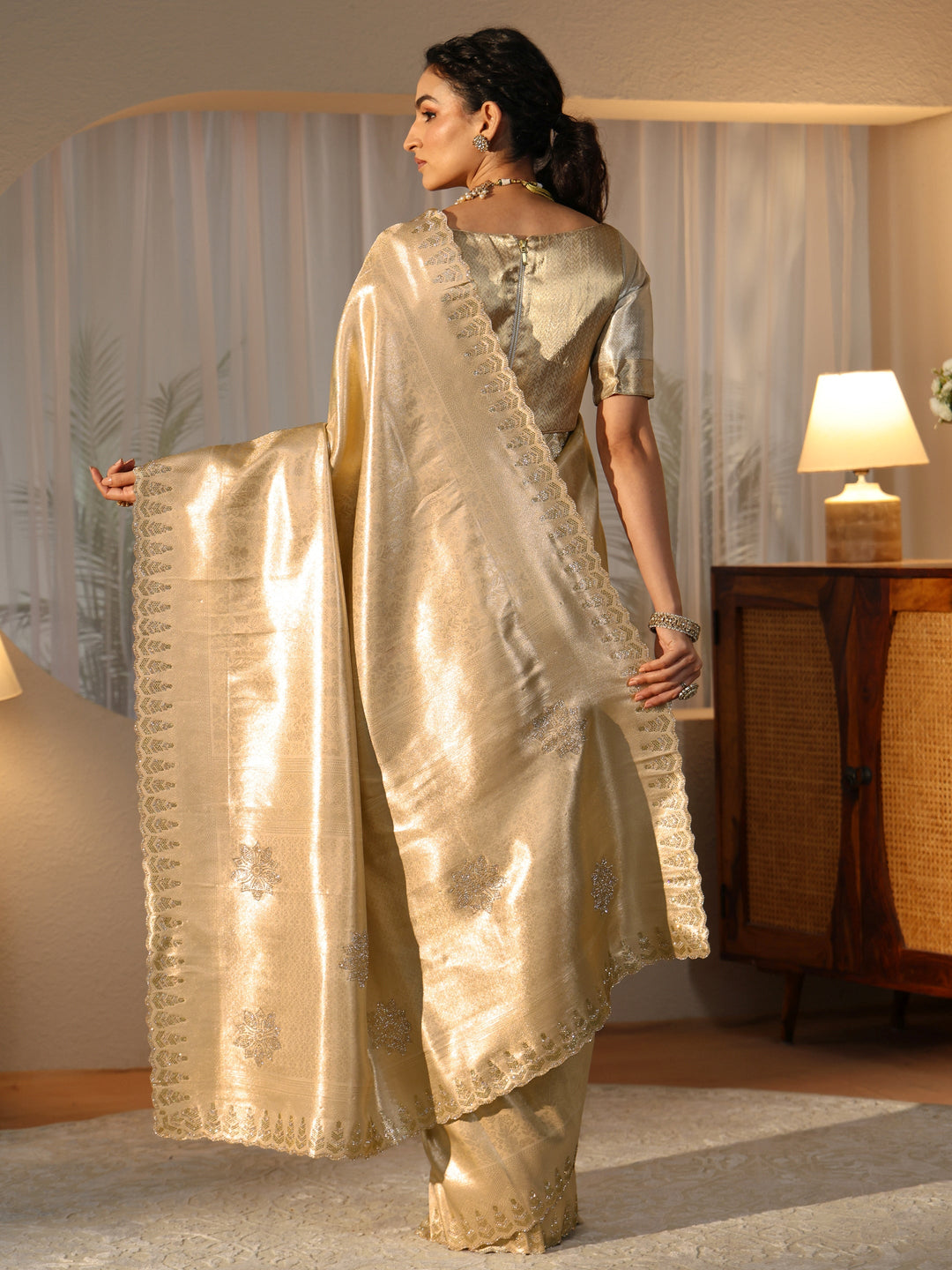 Libas Art Gold Silk Blend Saree with Embellished Border