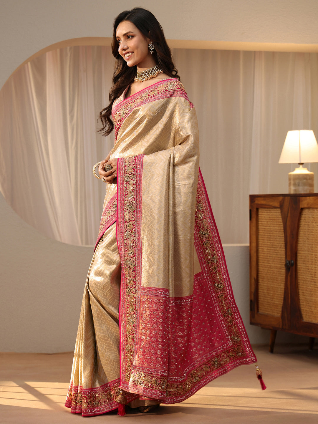 Libas Art Gold Silk Blend Saree with Embroidered Border