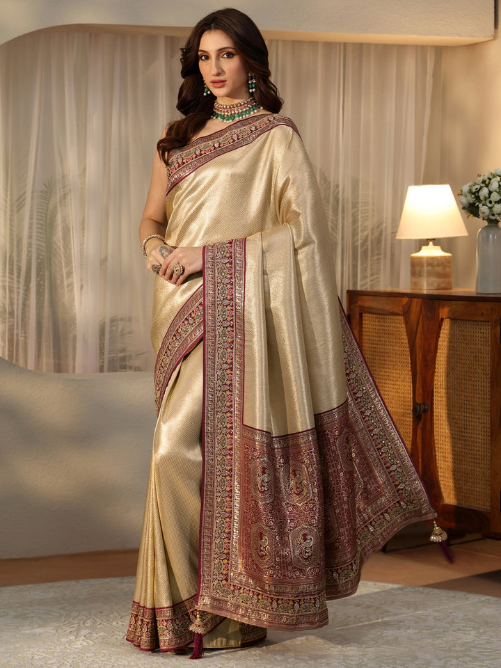 Libas Art Gold Silk Blend Saree with Embroidered Border