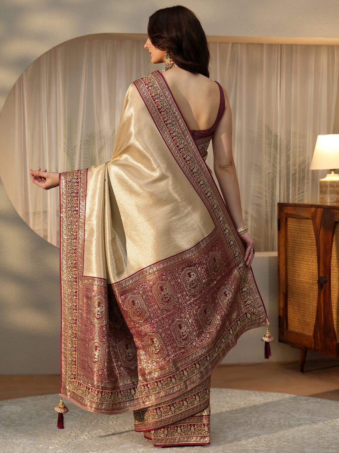 Libas Art Gold Silk Blend Saree with Embroidered Border