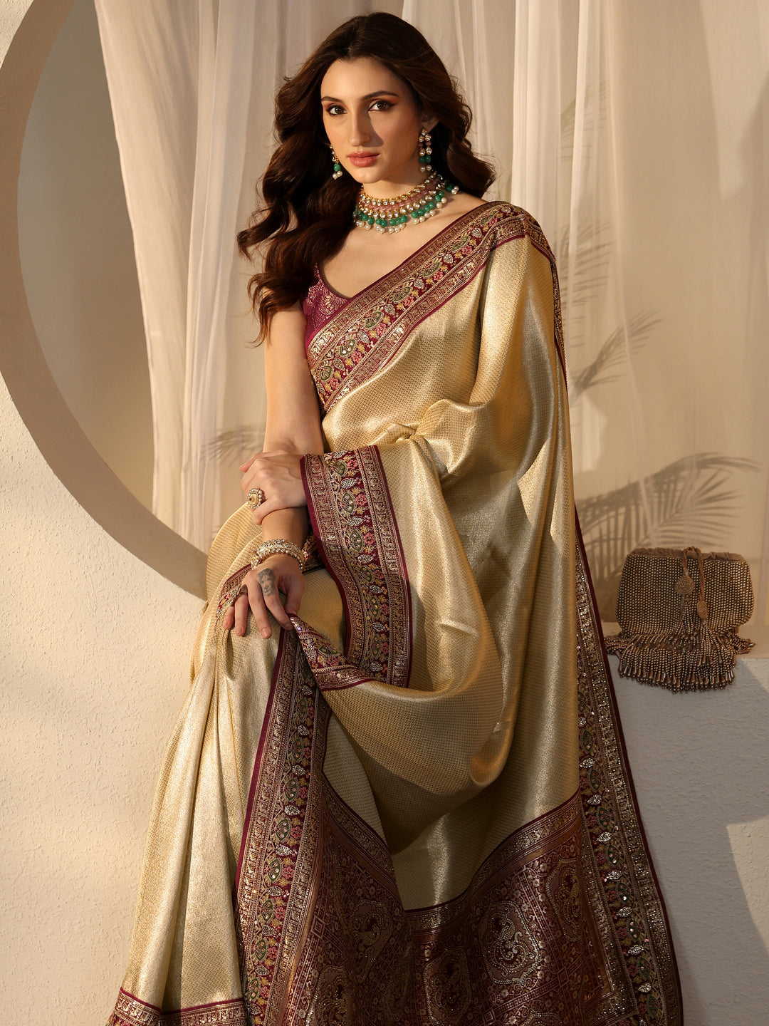 Libas Art Gold Silk Blend Saree with Embroidered Border