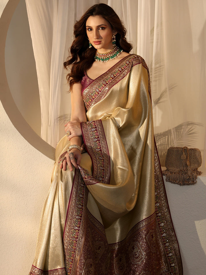 Libas Art Gold Silk Blend Saree with Embroidered Border