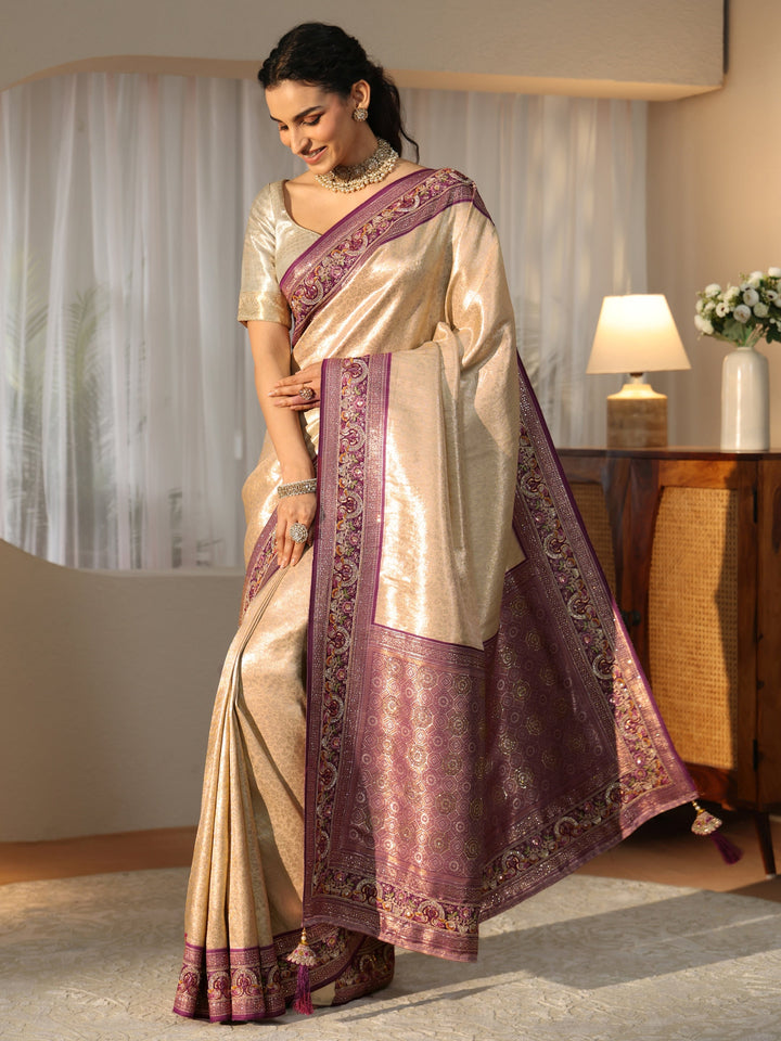 Libas Art Gold Silk Blend Saree with Embroidered Border