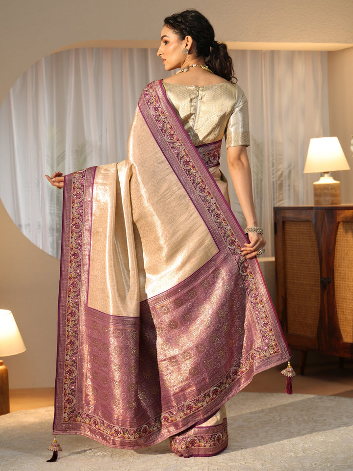 Libas Art Gold Silk Blend Saree with Embroidered Border