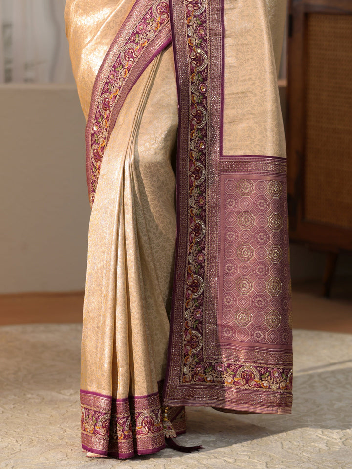 Libas Art Gold Silk Blend Saree with Embroidered Border