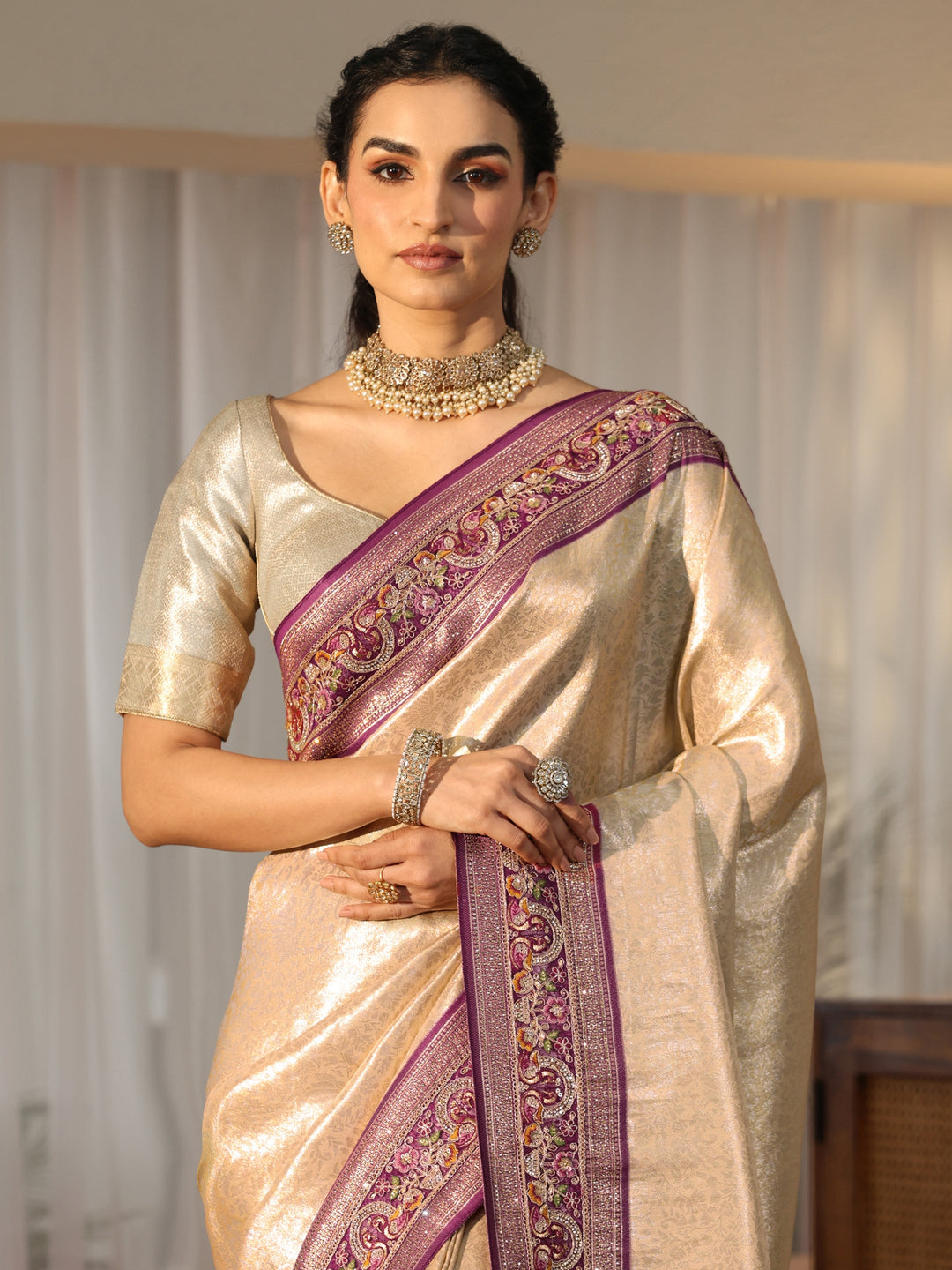 Libas Art Gold Silk Blend Saree with Embroidered Border