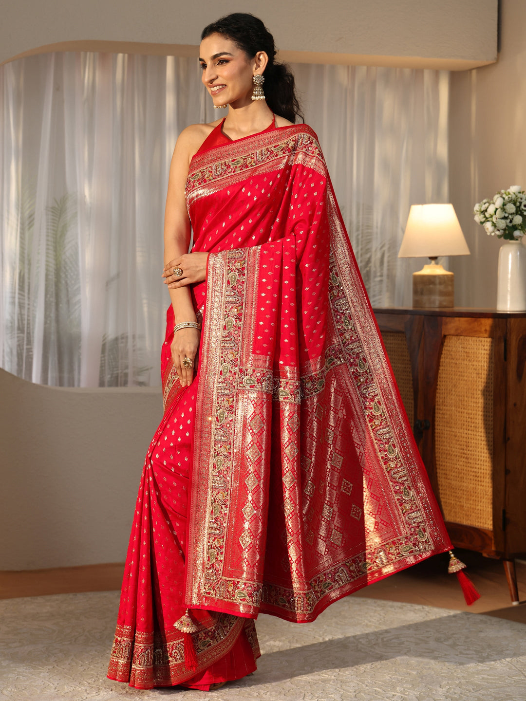 Libas Art Vermilion Red Silk Blend Saree with Woven Border