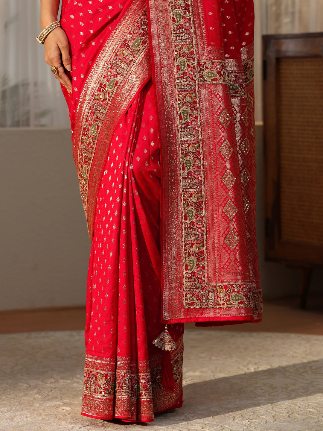 Libas Art Vermilion Red Silk Blend Saree with Woven Border