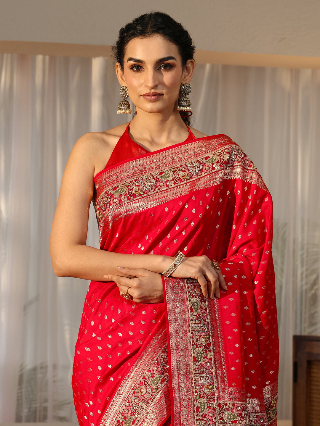 Libas Art Vermilion Red Silk Blend Saree with Woven Border